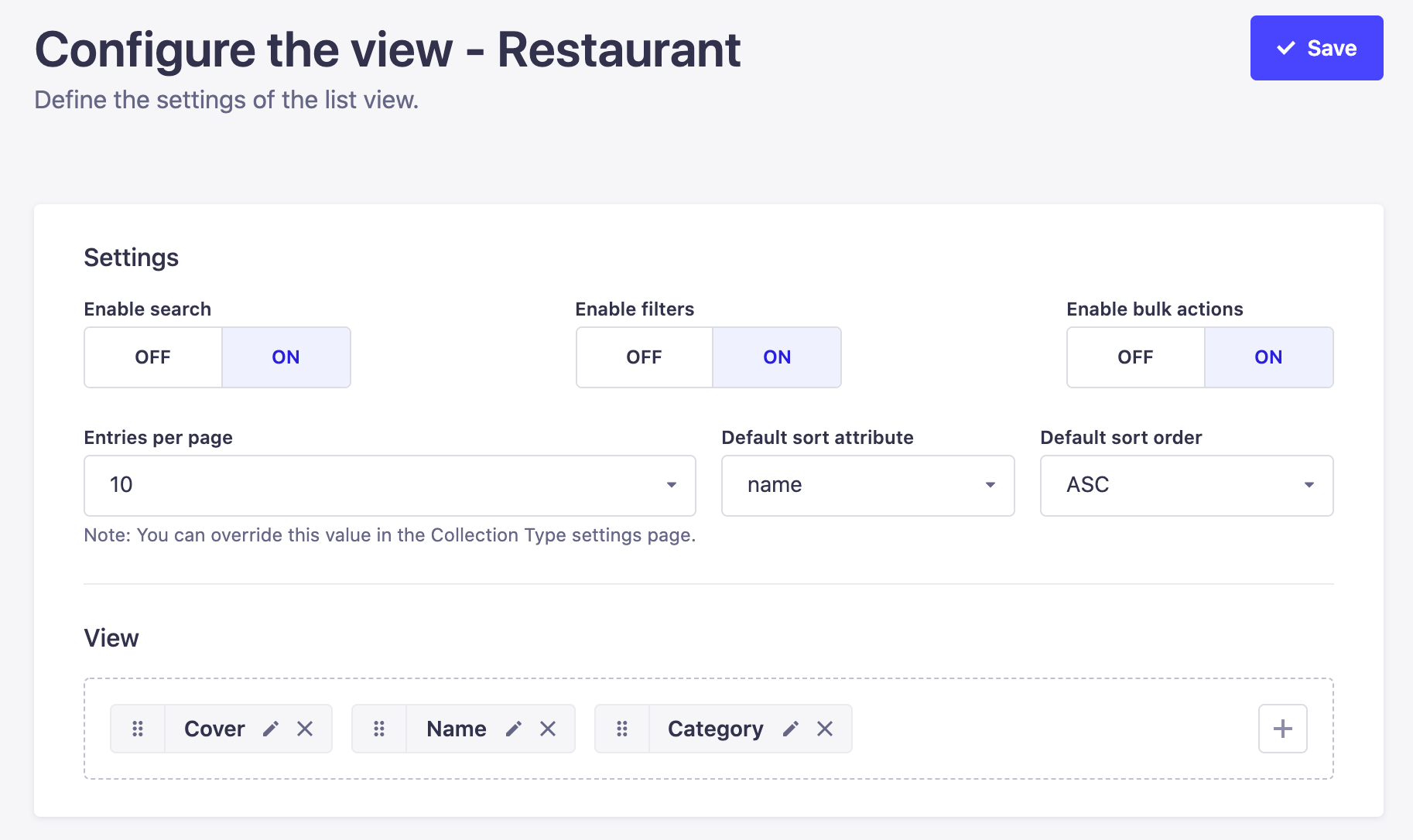 Settings of a list view in the Content Manager